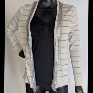 Ann Taylor LOFT Petites Striped Sequin Trim Cardigan LP Beige Gray